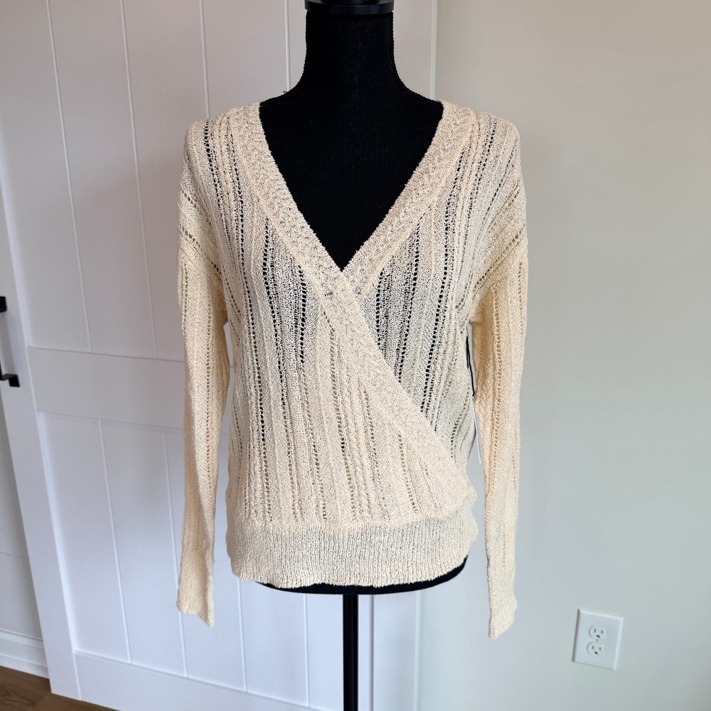 NWT ASTR The Label Cream Pointelle Wrap Sweater V-Neck Size M Romantic Classic
